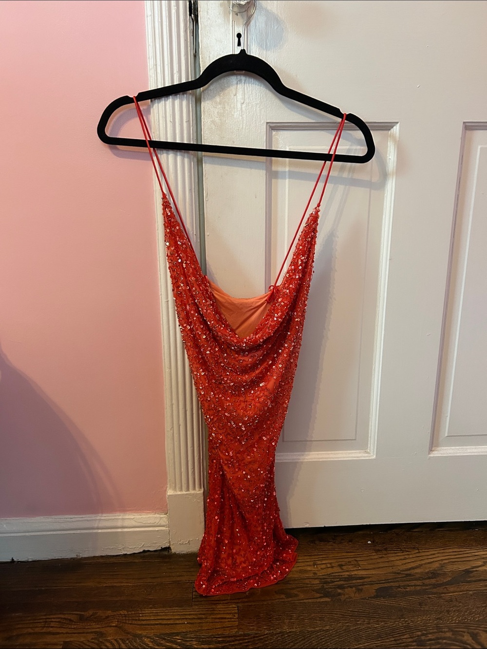 Retrofete Red Sequin Cowl Neck Slip Dress